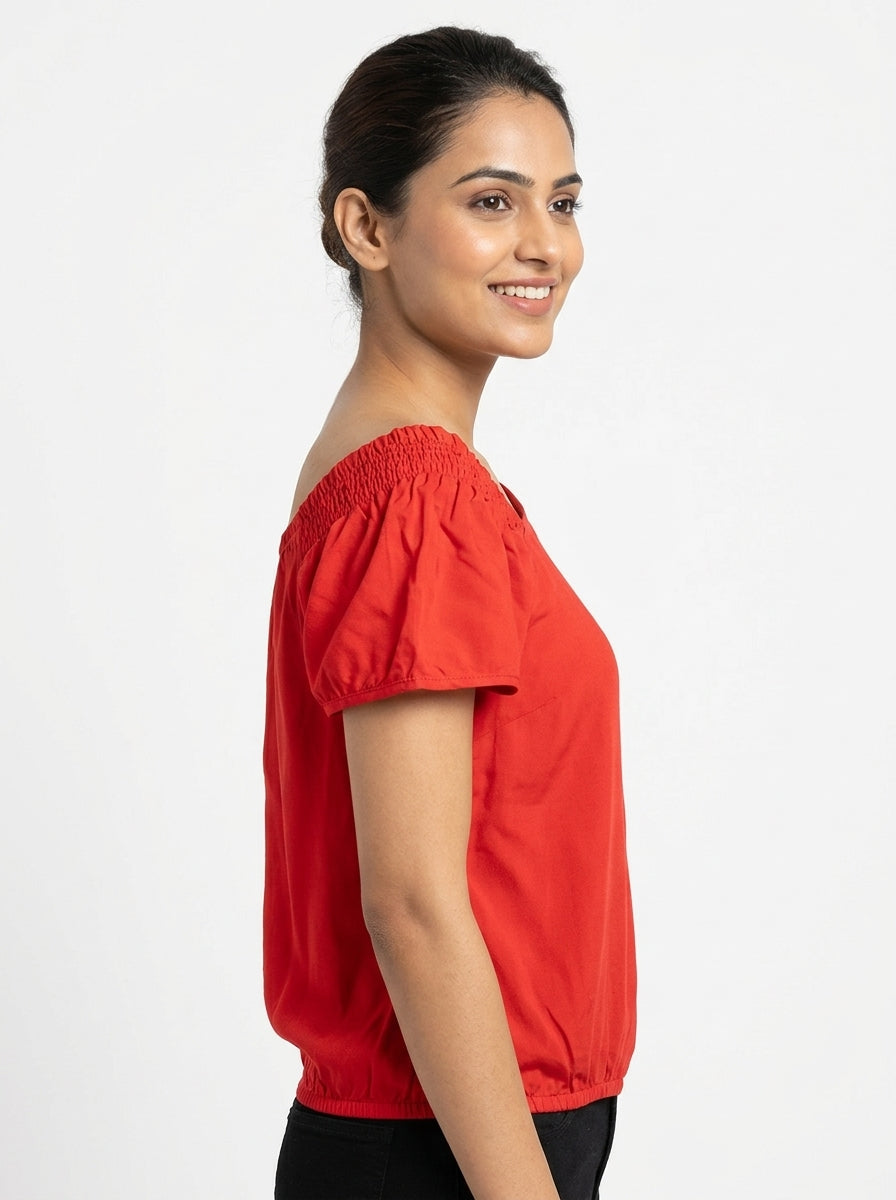 Red Shirred Neckline Off-Shoulder Top