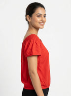 Red Shirred Neckline Off-Shoulder Top