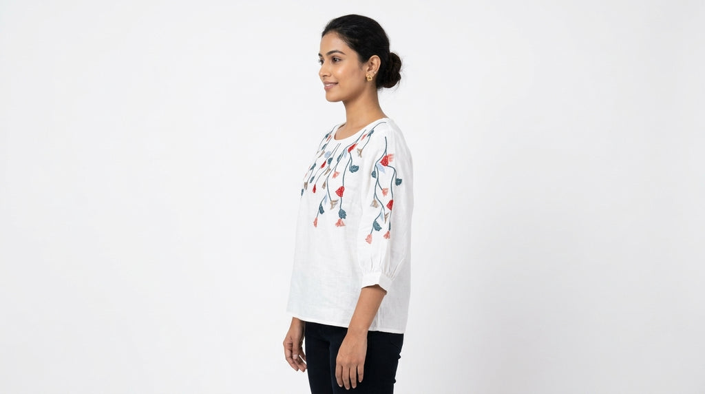 White Embroidered Floral Casual Top