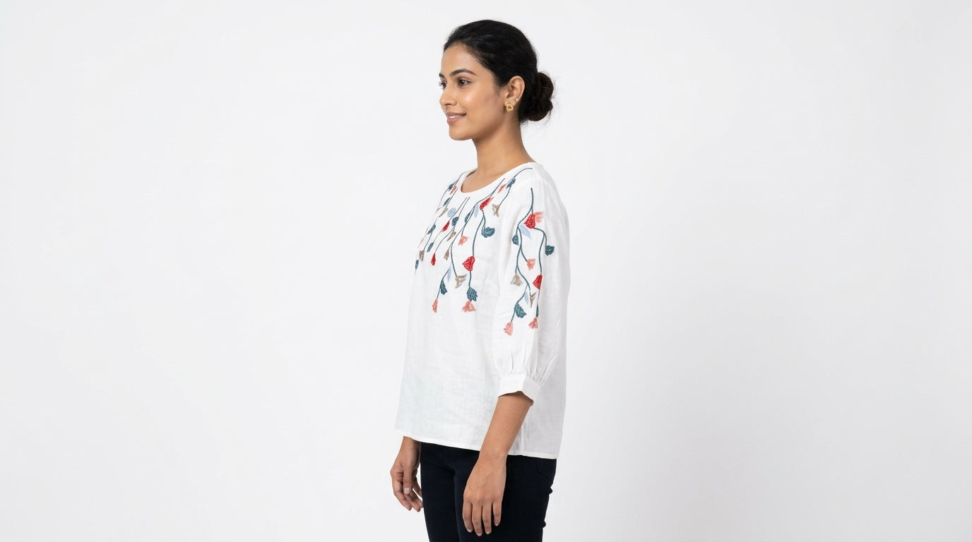 White Embroidered Floral Casual Top