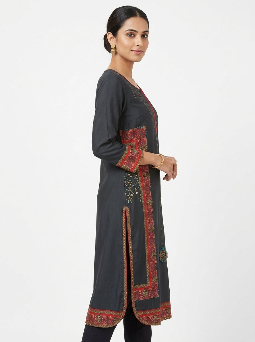 Women's Charcoal Printed Straight Kurta