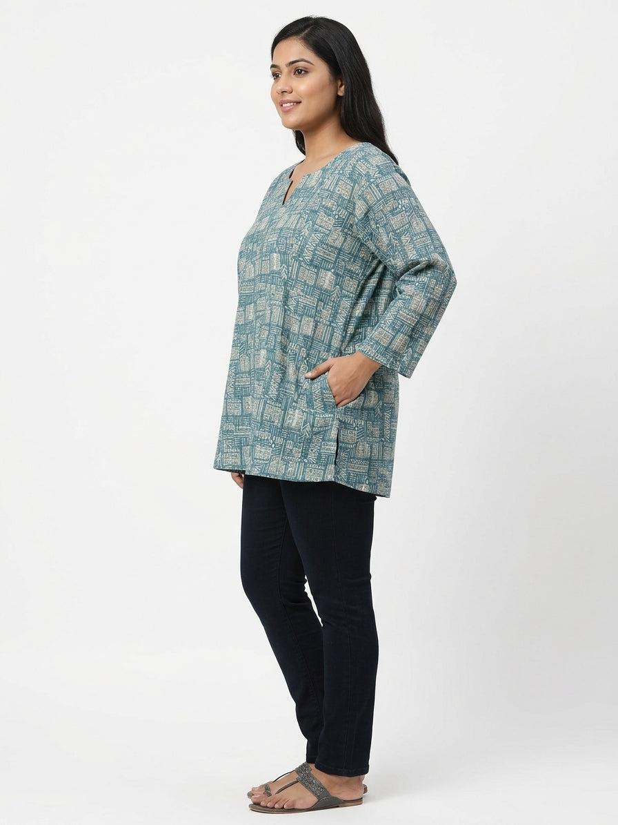 Women's Teal Abstract Print Relaxed Fit Tunic Top