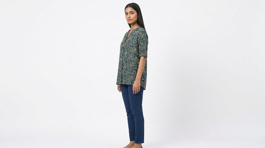 Women's Navy Floral Leaf Print Button-Front Tunic Top