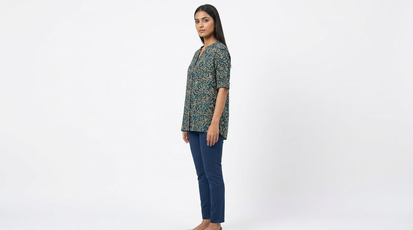 Women's Navy Floral Leaf Print Button-Front Tunic Top