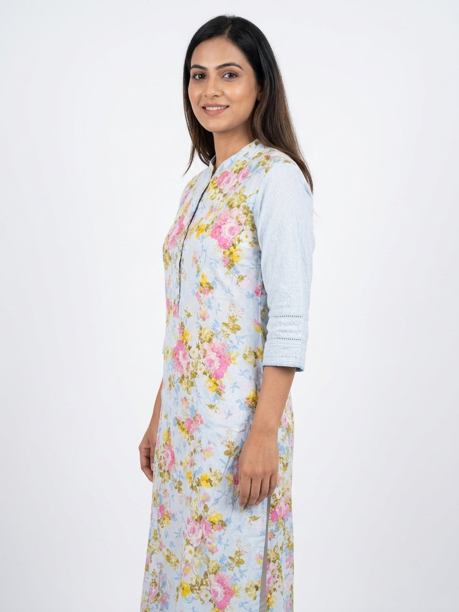 Light Blue Floral Printed Cotton Kurti