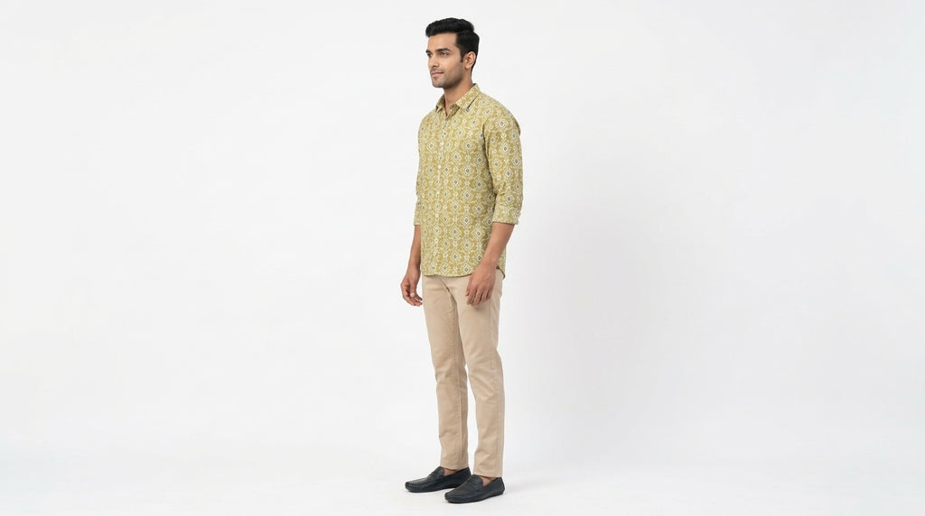 The Button Club Men's XL Green Patterned Casual Shirt