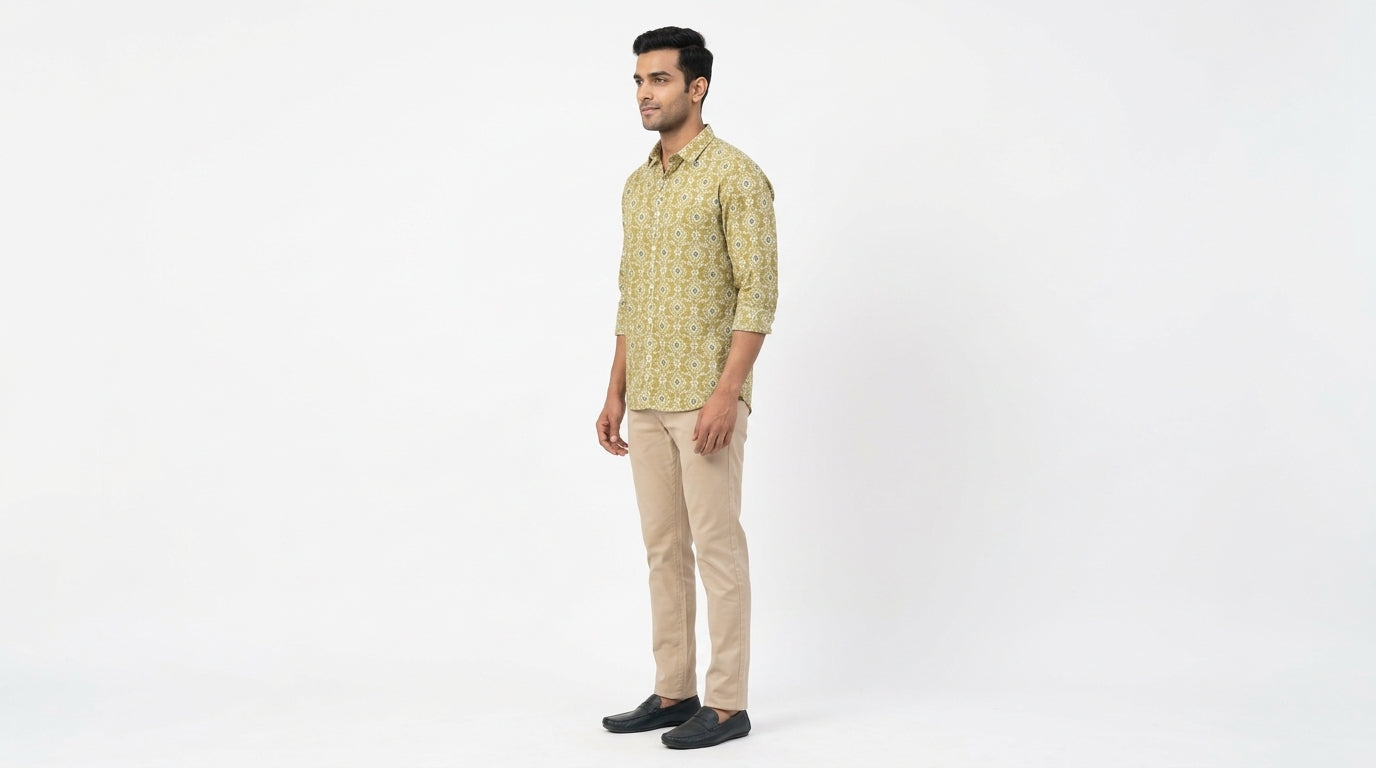 The Button Club Men's XL Green Patterned Casual Shirt