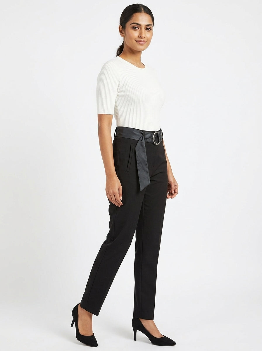 Black Regular Fit Trousers with Belt