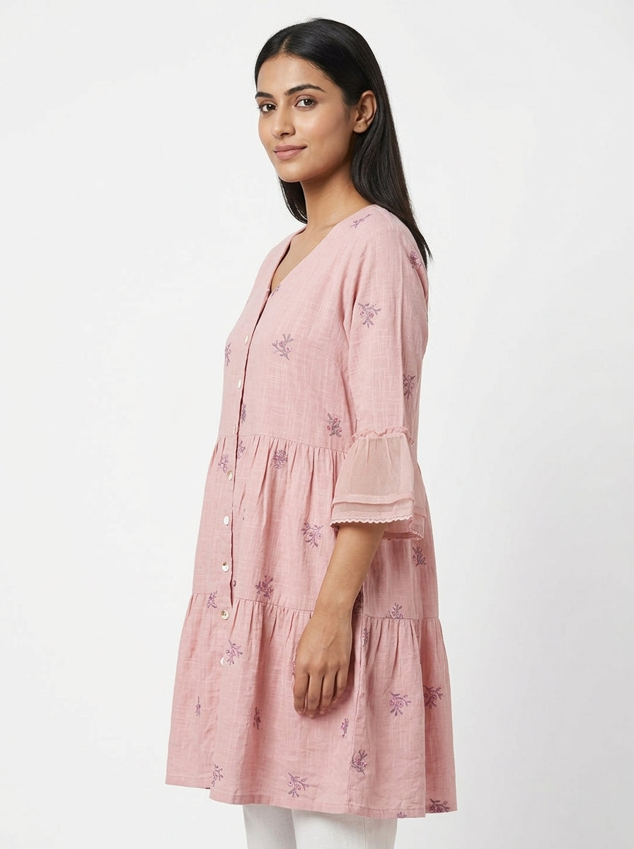 Pink Embroidered Relaxed Fit Kurti