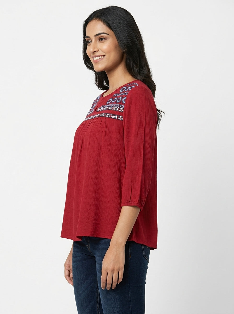 Red Embroidered Casual Top