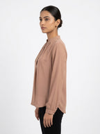 Women's Tan Mandarin Collar Long Sleeve Top
