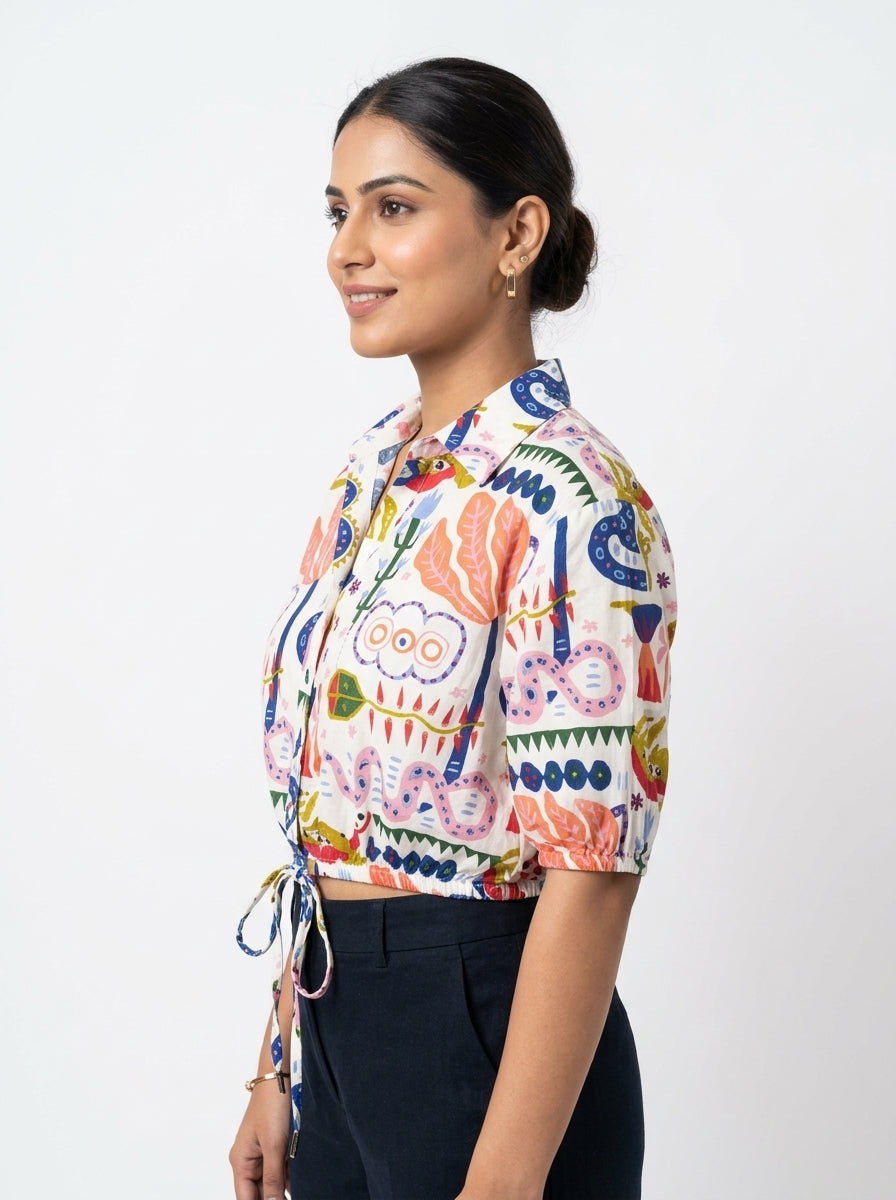 White Multi-Patterned Casual Tie-Front Top