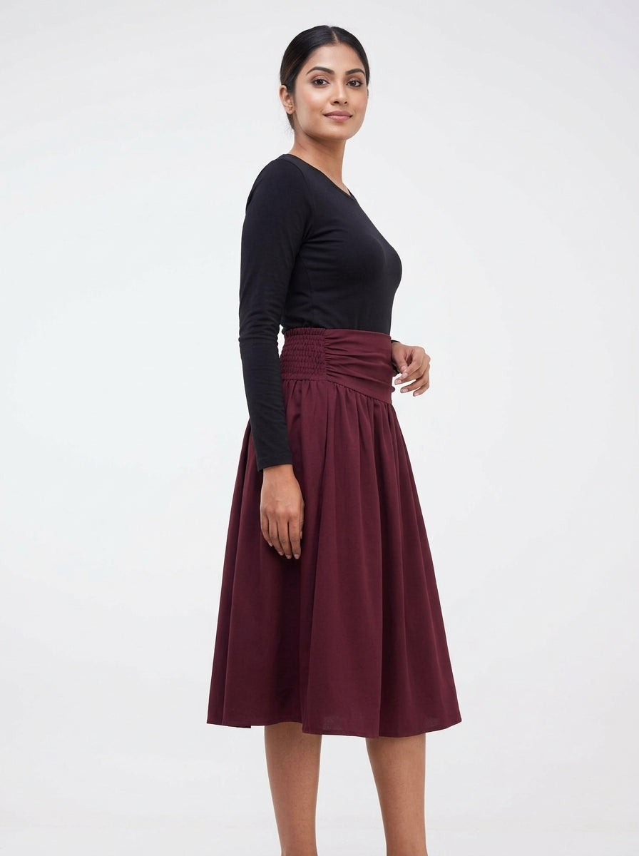 Burgundy Pleated A-line Skirt