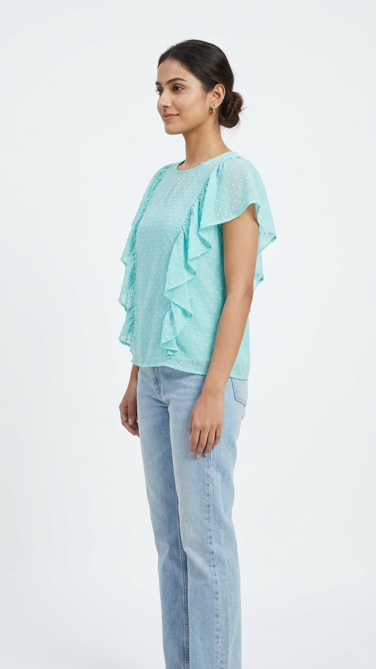 Women's Ruffled Swiss Dot Turquoise Top