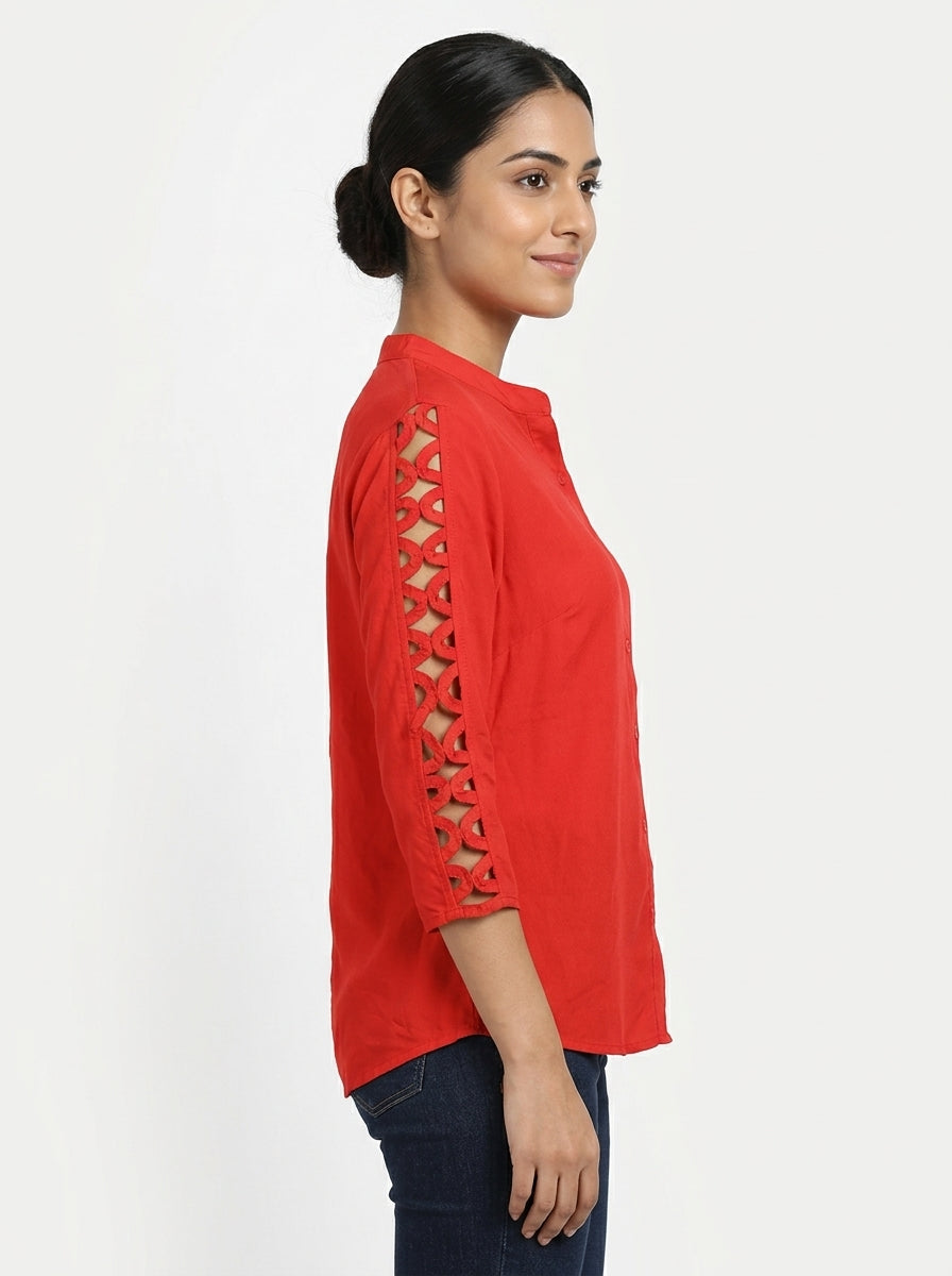 Red Casual Button-Front Top with Cut-out Sleeves