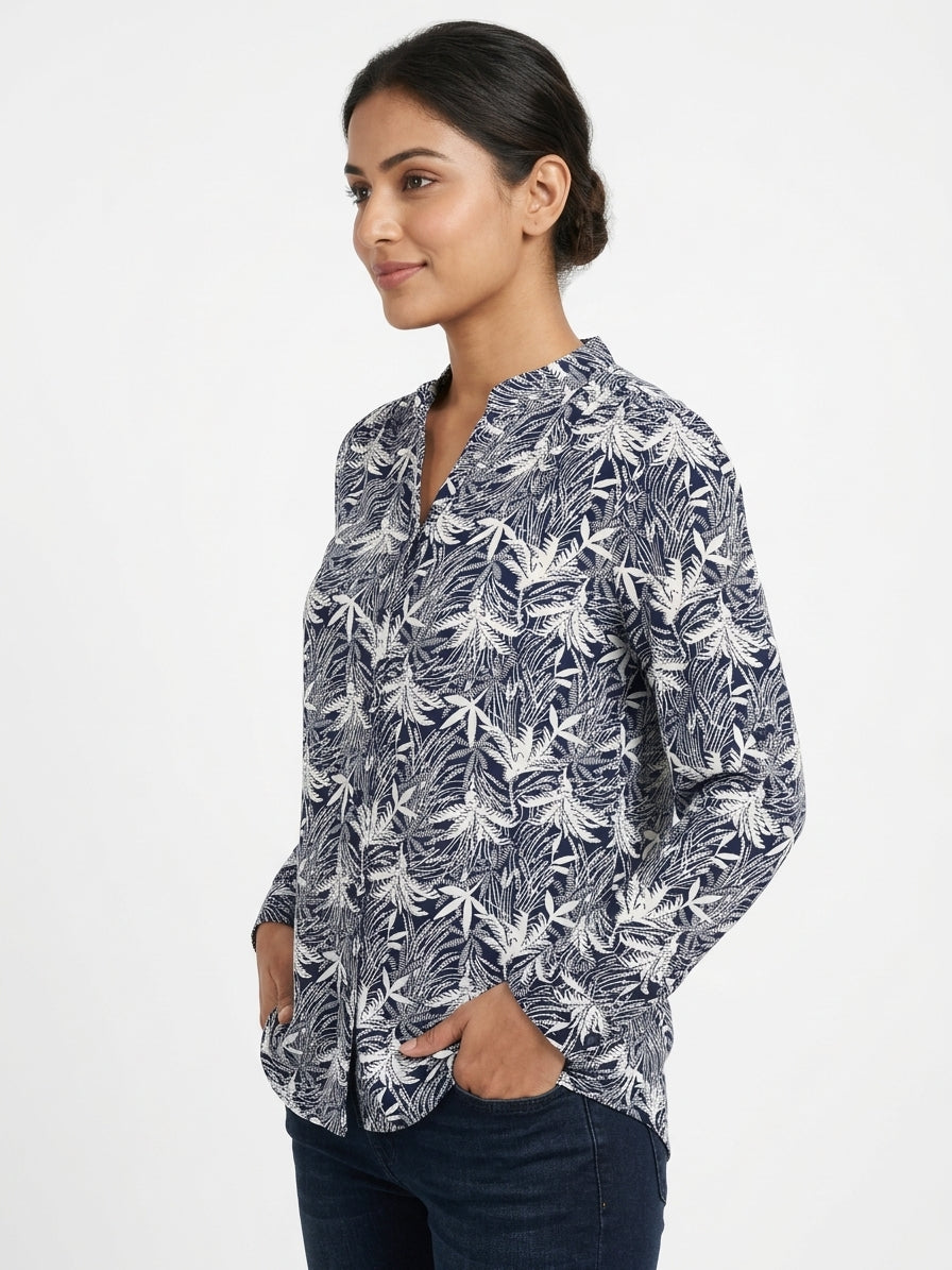 Women's Navy and White Leaf Print Casual Top