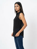 Black Sheer Polka Dot Sleeveless Button-Up Top