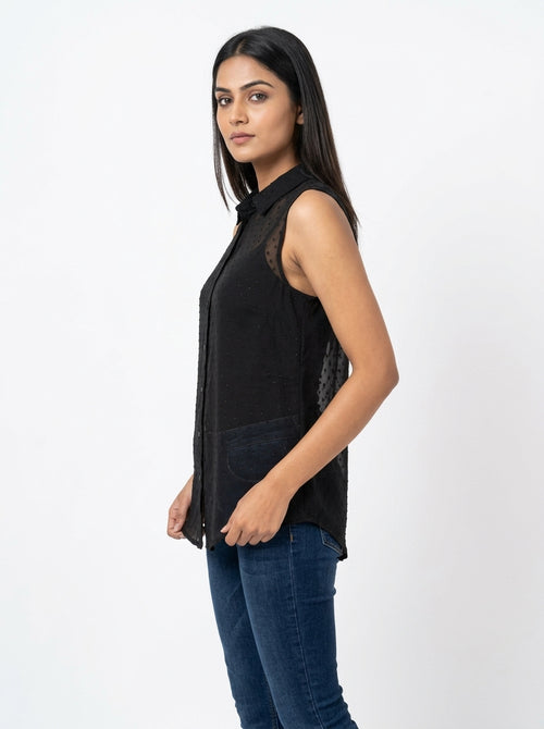 Black Sheer Polka Dot Sleeveless Button-Up Top