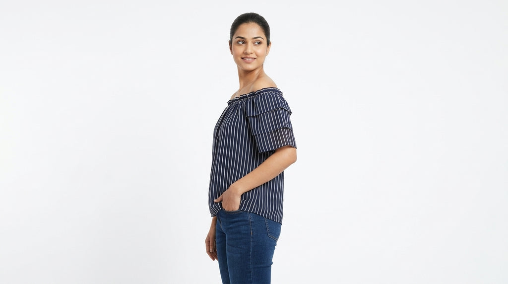 Navy Blue and White Striped Ruffled Off-Shoulder Top