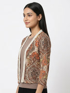 Women's Brown Paisley Print Open-Front Shrug with Pearl Trim