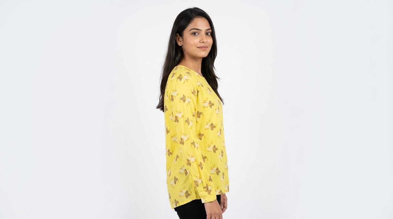 Yellow Floral Print Casual Long Sleeve Top