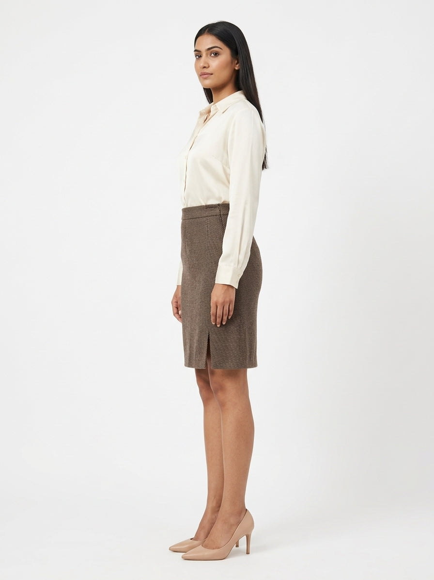 Brown Textured Slim Fit Pencil Skirt