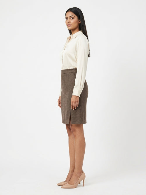 Brown Textured Slim Fit Pencil Skirt