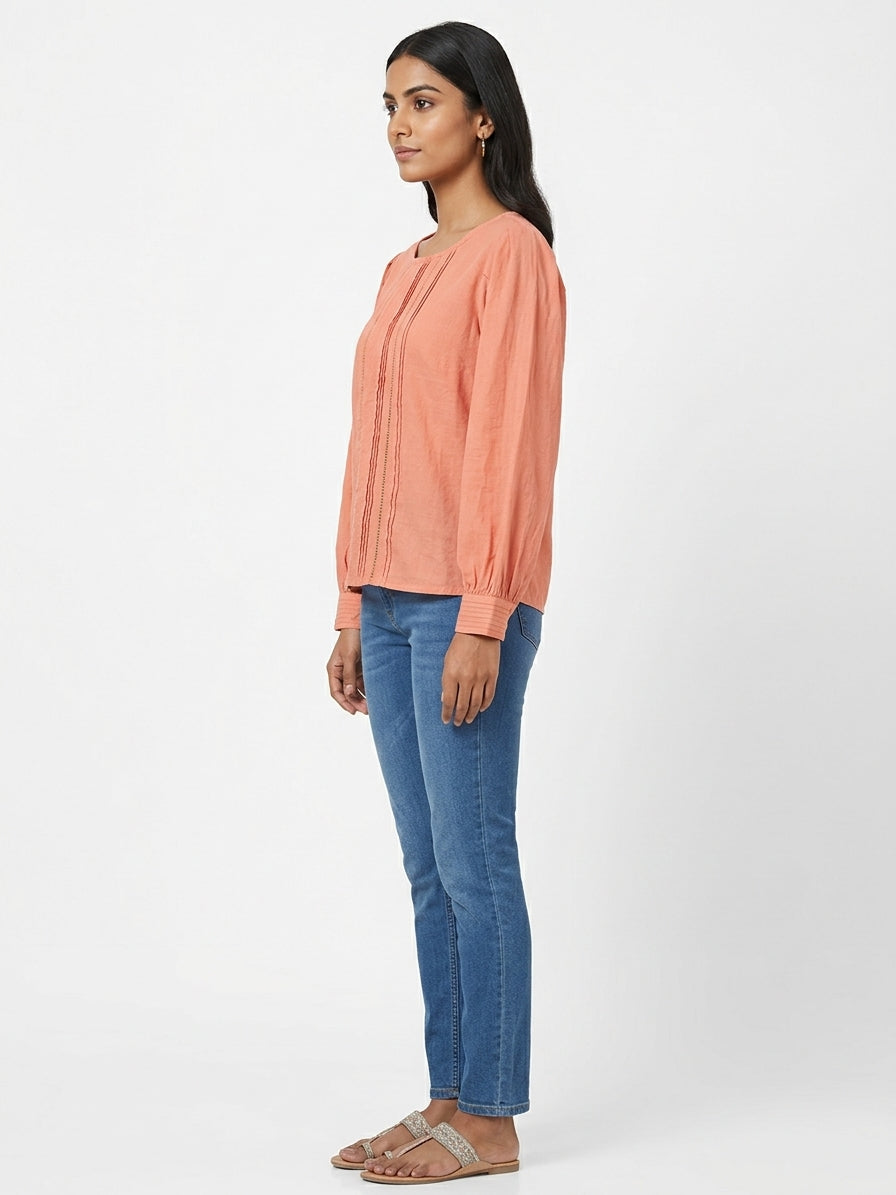 Peach Casual Round Neck Pintuck Top