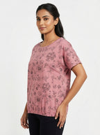 Pink Floral Print Round Neck Short Sleeve Top