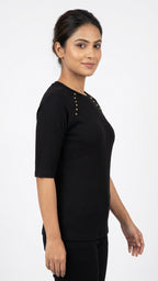 Black Ribbed Knit Top with Stud Embellishment
