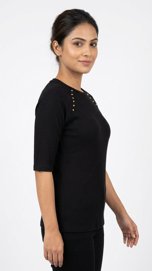 Black Ribbed Knit Top with Stud Embellishment