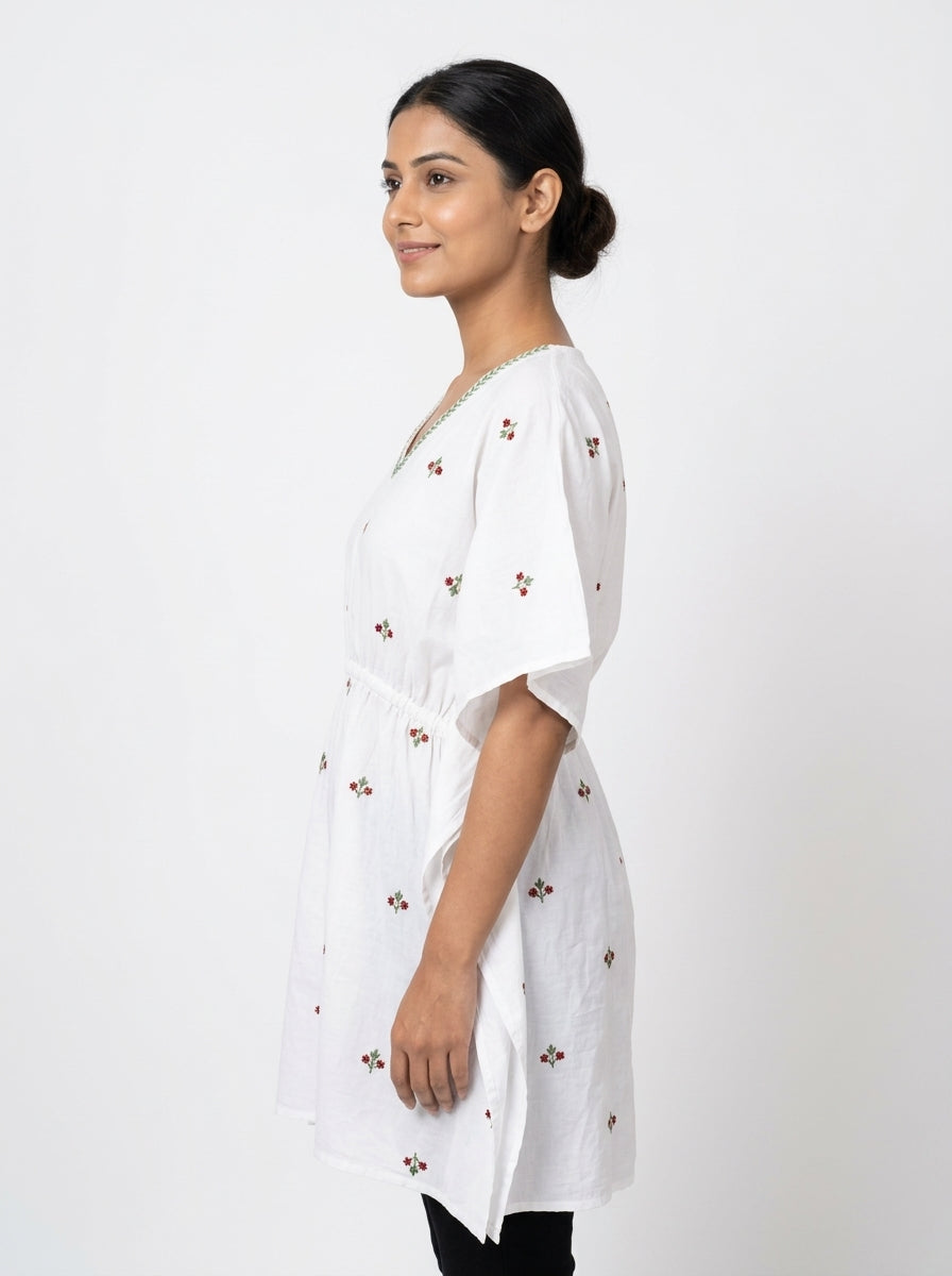 Women's White Embroidered Relaxed Fit Tunic Top