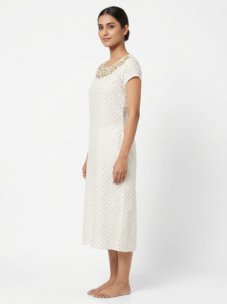 White & Gold Embroidered Polka Dot Kurti