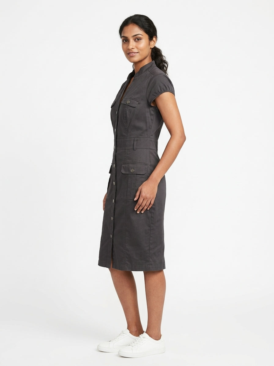Charcoal Short Sleeve Button-Down Midi Dress