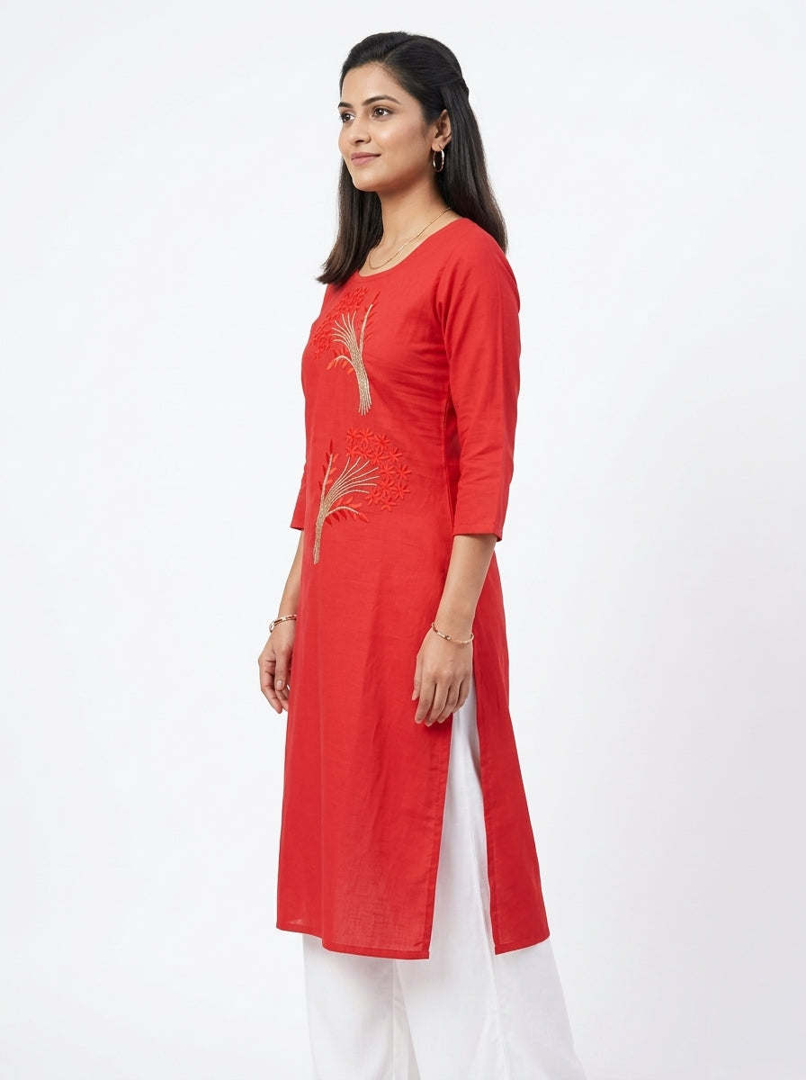 Red Embroidered Round Neck Kurti