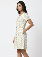 Women's White Floral Button-Front Short Sleeve Dress