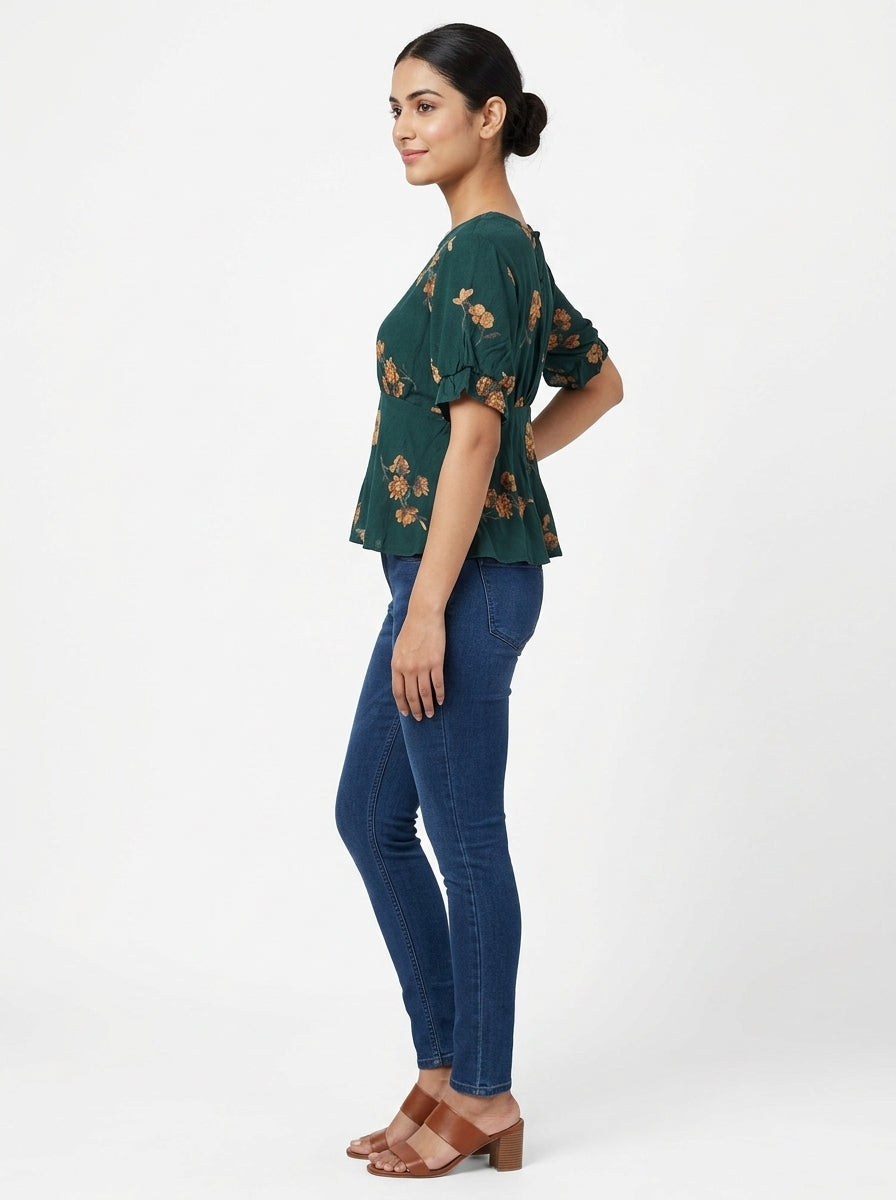 ONLY Women's Dark Green Floral Textured Top