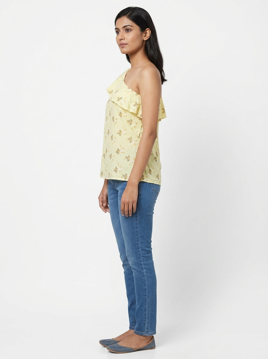 FOURSLICES Women's Yellow Floral Pattern Top Size M