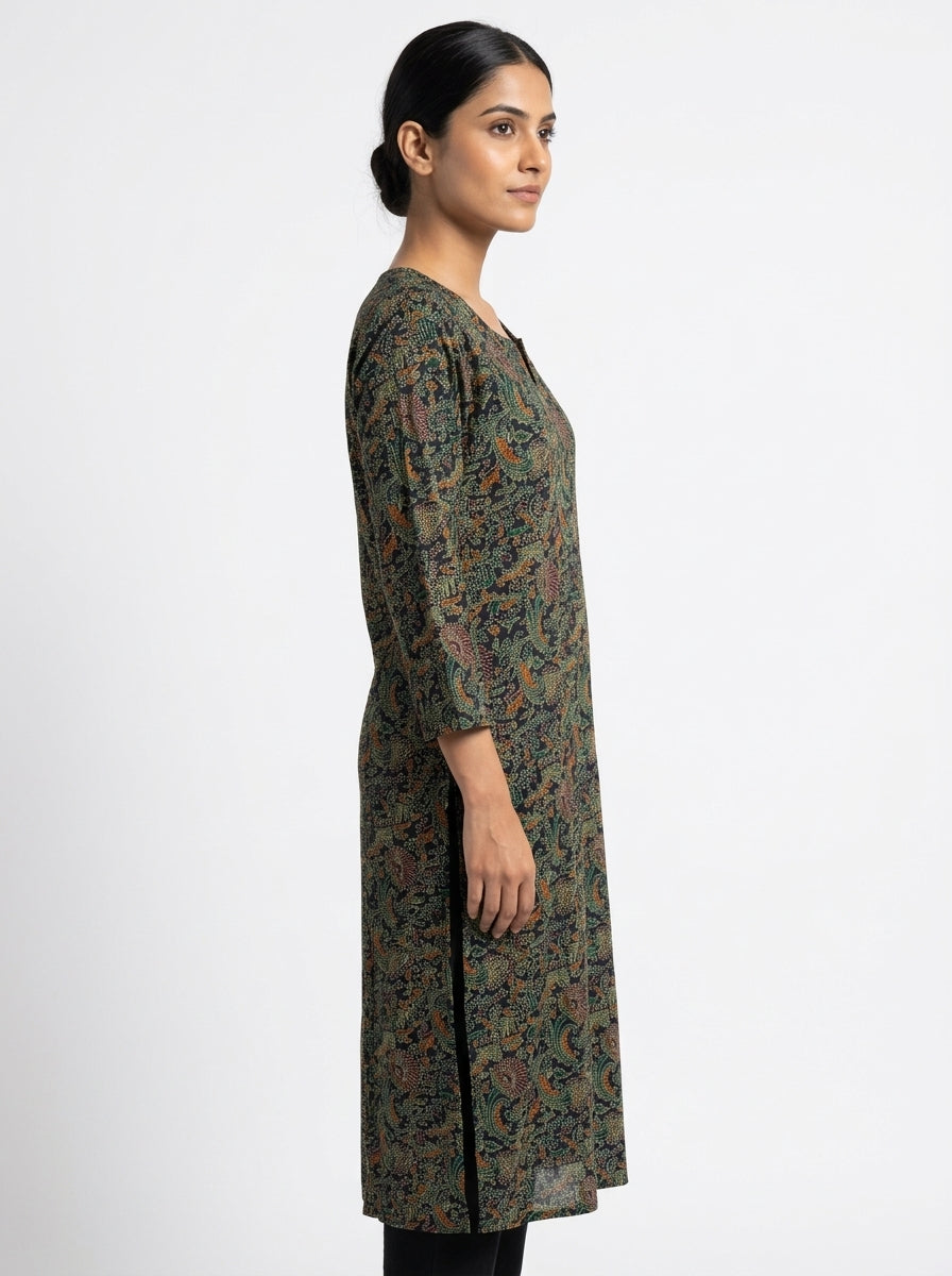 Navy Blue Printed V-Neck Kurti