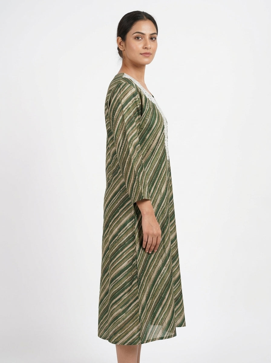Green and Brown Striped Tunic with Crochet Trim