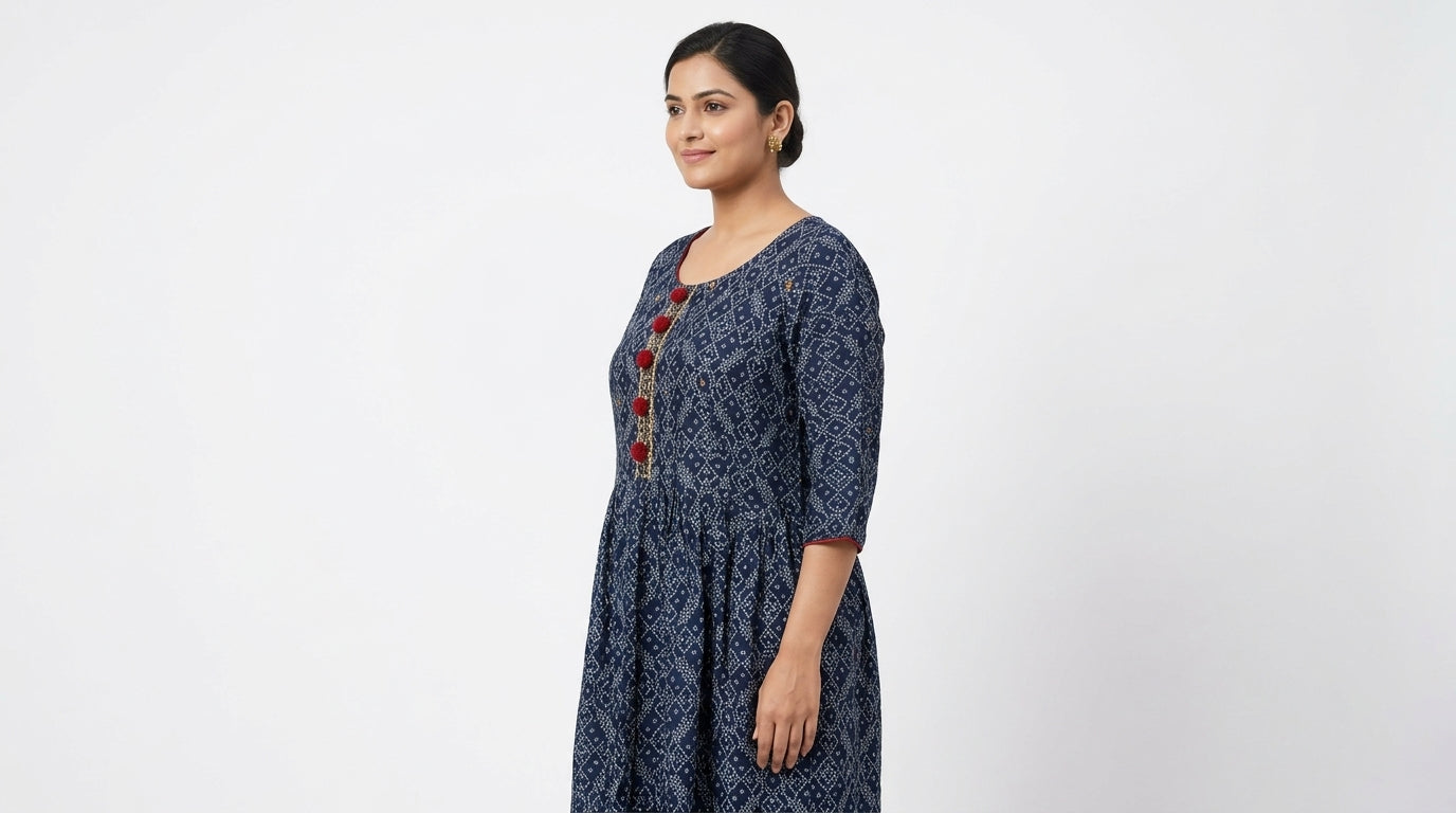 Blue Bandhani Style Kurti with Gold Trim and Red Embellishments