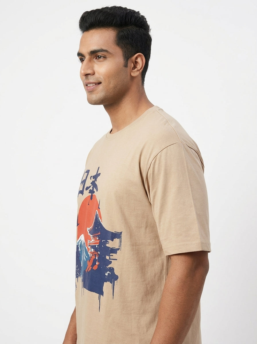 Beige Graphic Print T-Shirt with Japanese Motif