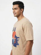 Beige Graphic Print T-Shirt with Japanese Motif