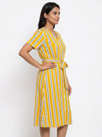 Women's Yellow Striped V-Neck Tie-Waist Midi Dress