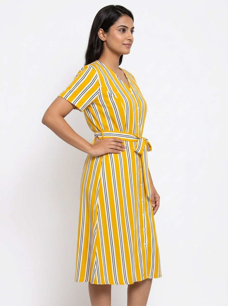 Women's Yellow Striped V-Neck Tie-Waist Midi Dress