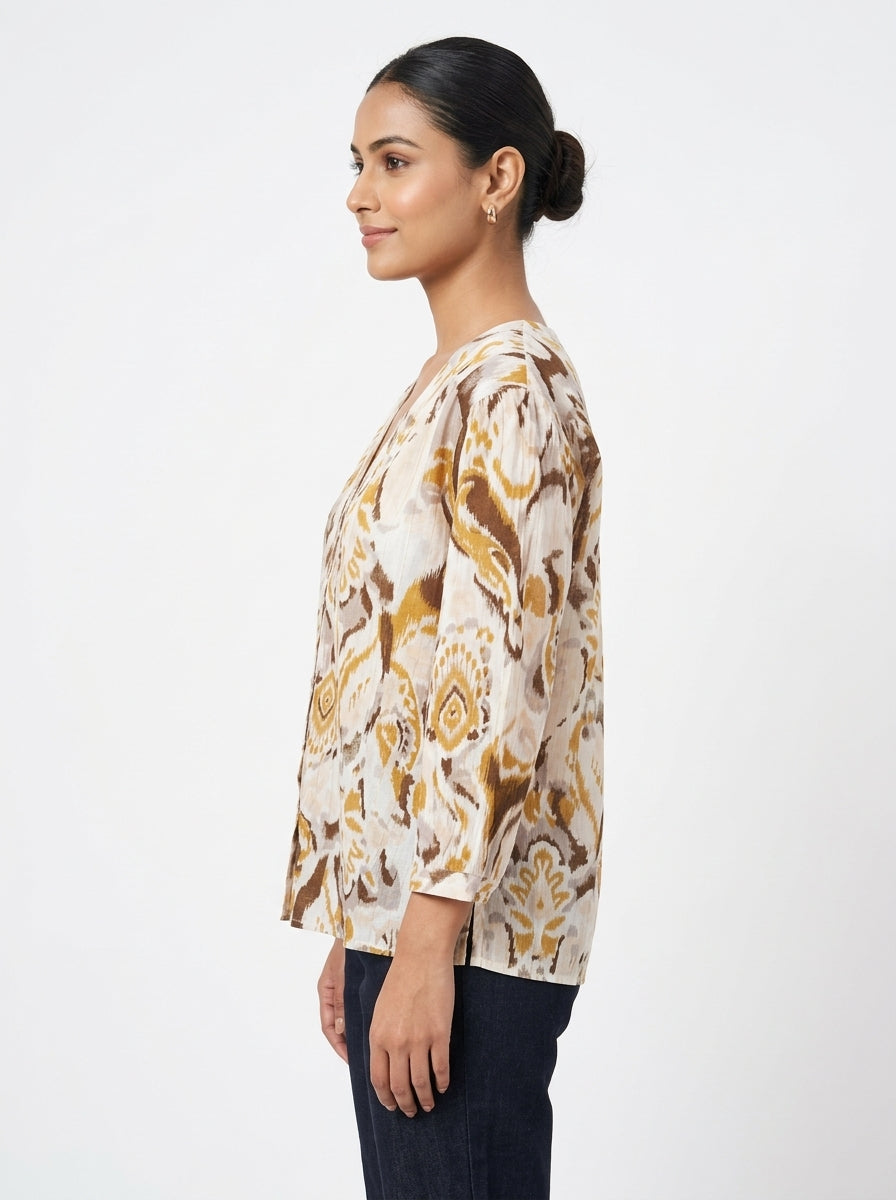 Women's Cream Abstract Print V-Neck Relaxed Top
