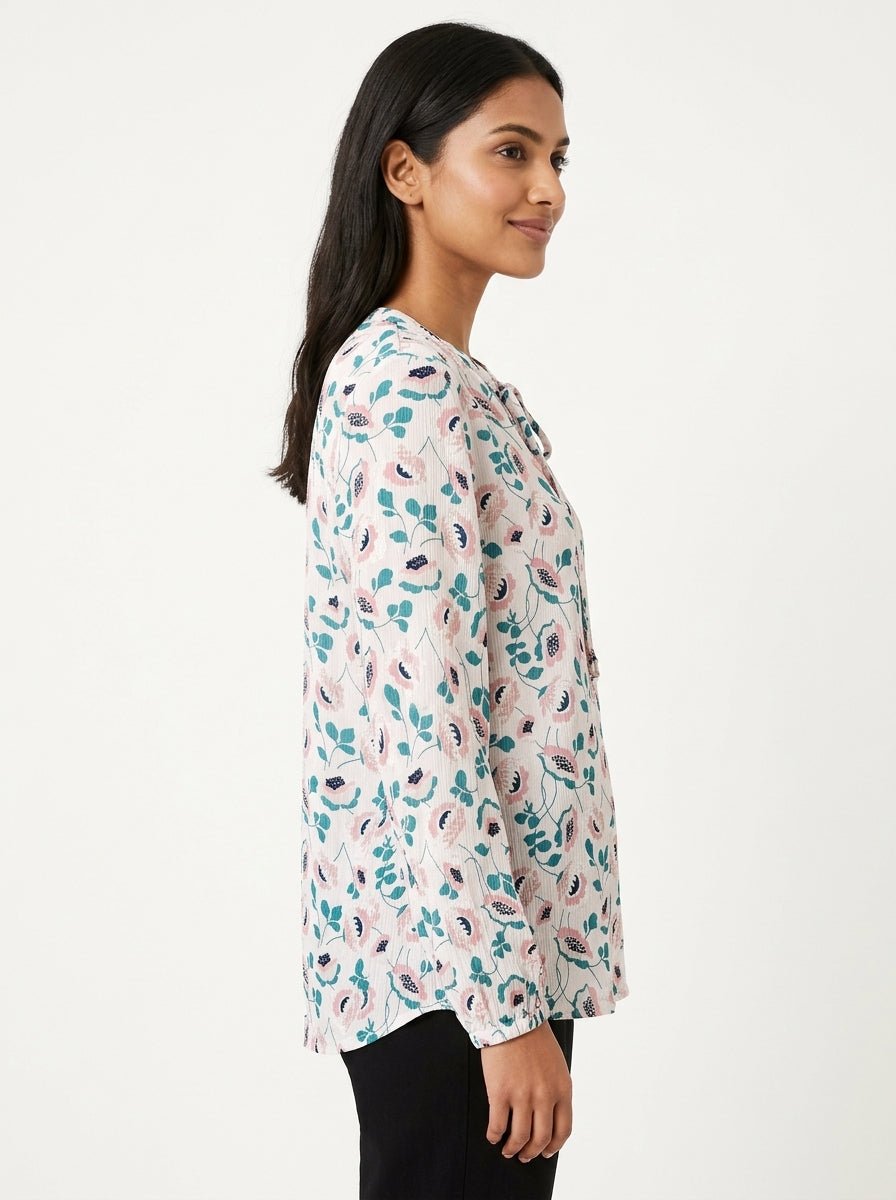 White Floral Print Tie-Neck Blouse