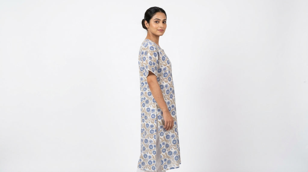 White & Blue Floral Printed Cotton Kurti