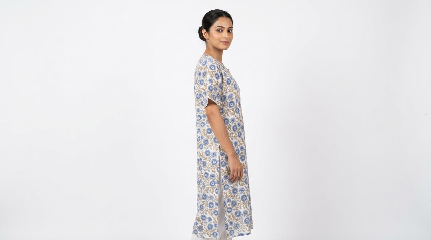 White & Blue Floral Printed Cotton Kurti