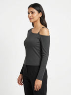 Charcoal Ribbed One-Shoulder Top with Chain Detail